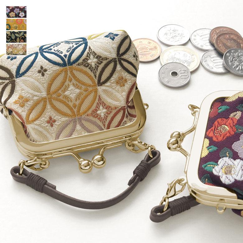 【在庫商品】革ヒモ付き手提げがま口財布(小)※口金ゴールド【金襴】