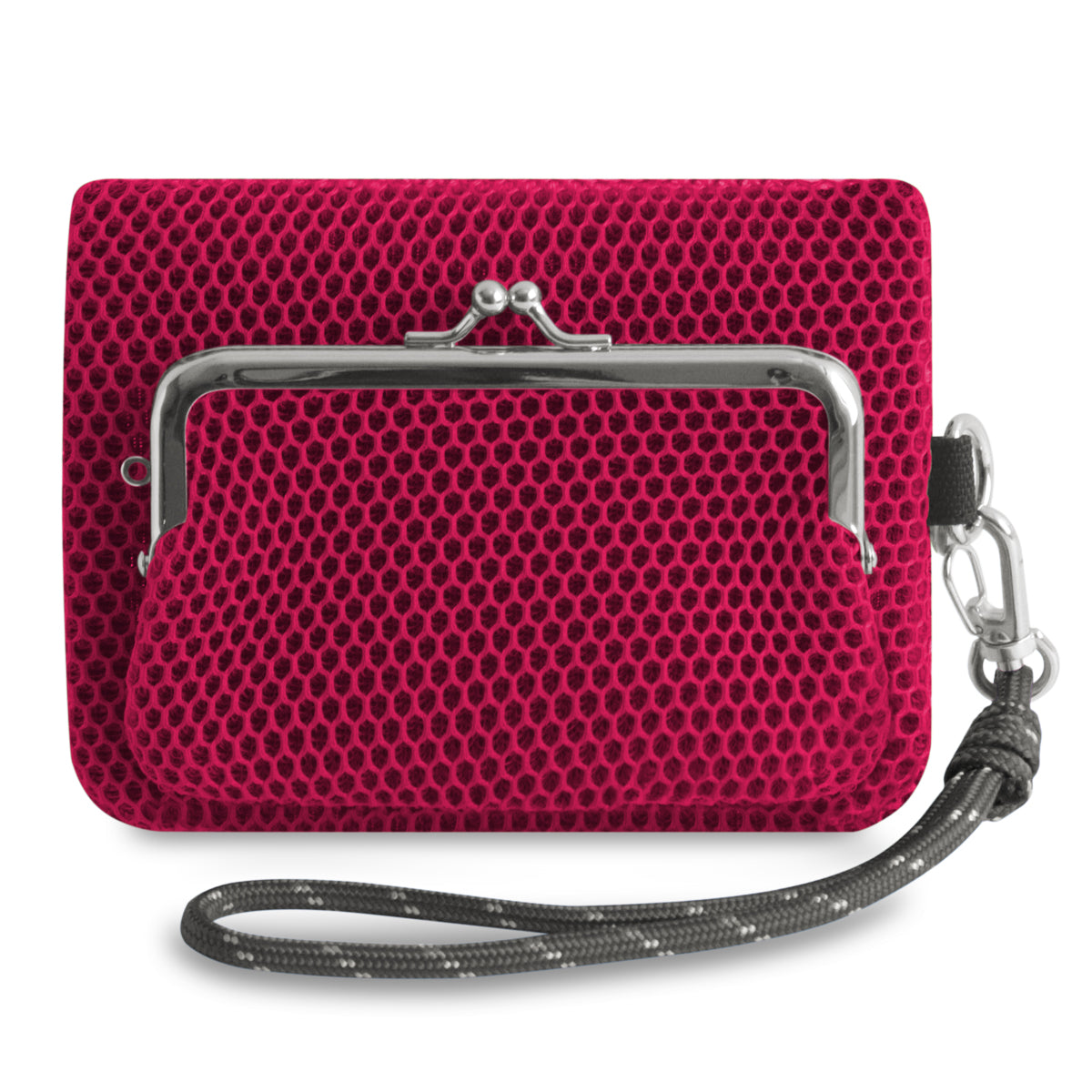 【在庫商品】ファスナー付きがま口メッシュポーチ（ストラップ付き）【Sarei VIVID MESH】