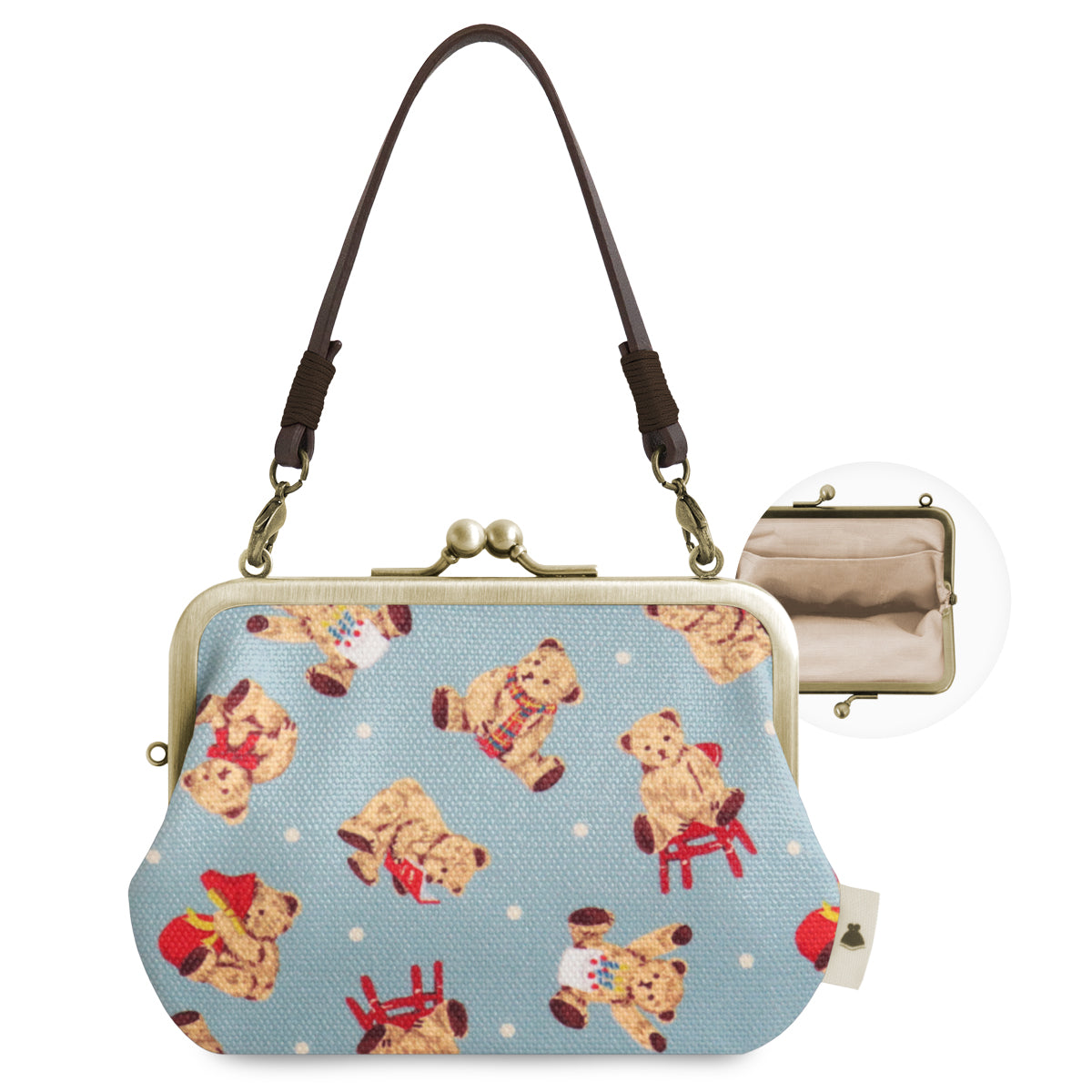 【在庫商品】革ヒモ付き手提げがま口財布【テディベア】