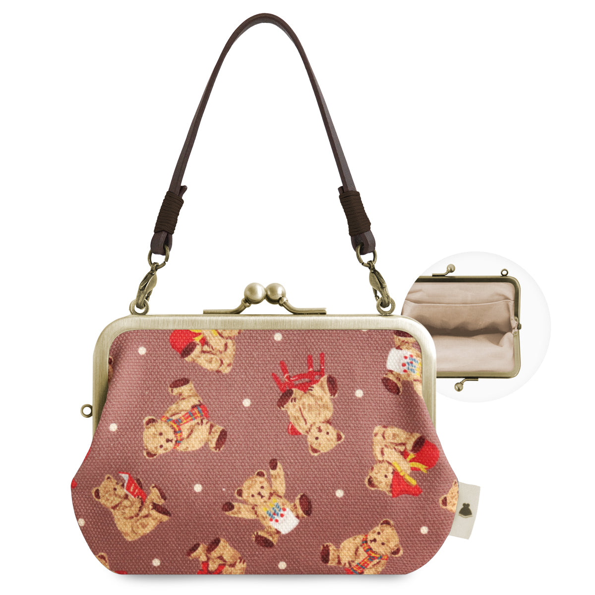 【在庫商品】革ヒモ付き手提げがま口財布【テディベア】